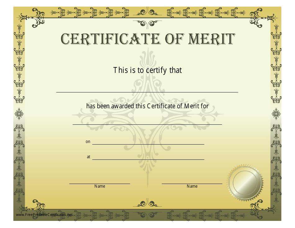 Certificate of Merit Template Yellow Download Printable PDF