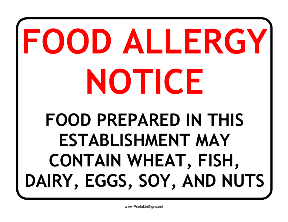 Food Allergy Notice Warning Sign Template Download Printable PDF