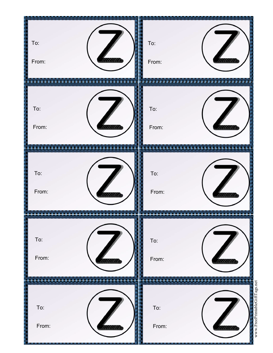 Monogram Z Gift Tag Template - Rectangular design with Z monogram shaped tag for personalization