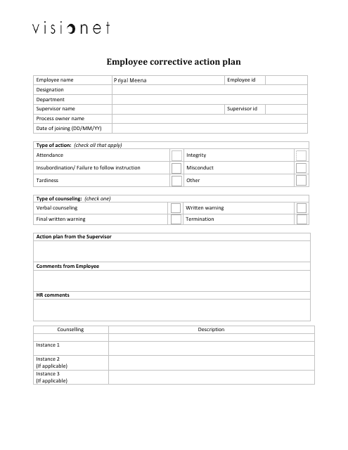 Employee Corrective Action Plan Template - Visionet Download Pdf