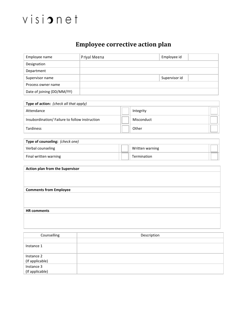 Employee Corrective Action Plan Template Visionet Download Fillable PDF Templateroller