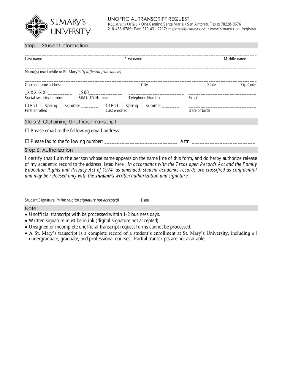 Unofficial Transcript Request Form - St.mary's University - San Antonio, Texas, Page 1