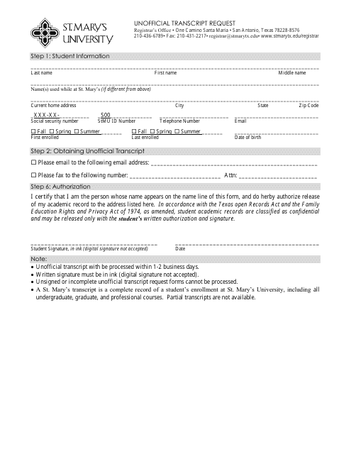 Unofficial Transcript Request Form - St.mary's University - San Antonio, Texas Download Pdf