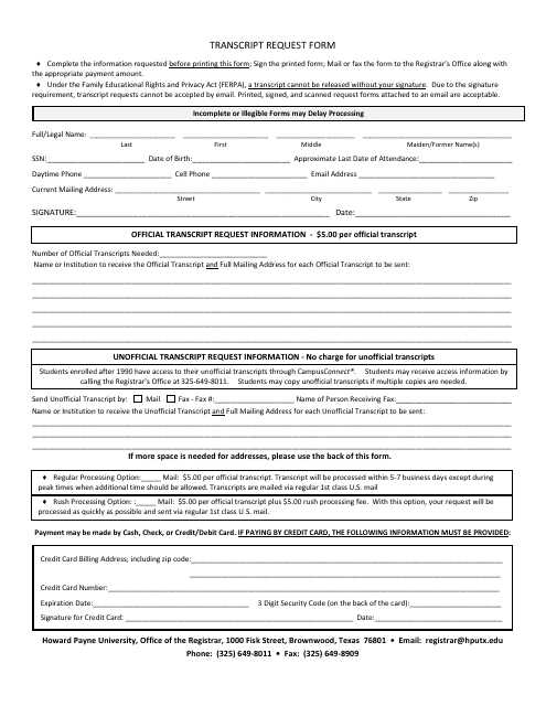 Transcript Request Form - Howard Payne University - Texas Download Pdf