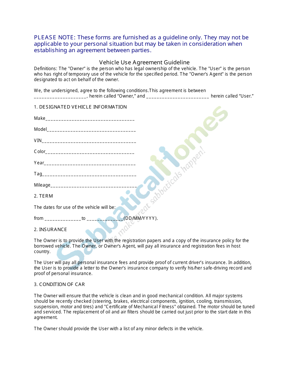 Vehicle Use Agreement Template - Sabbaticalhomes - California, Page 1