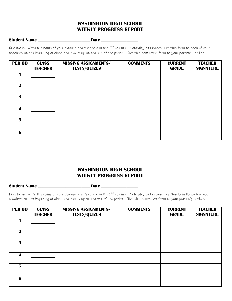 Weekly Progress Report Template - Washington High School - Washington, Page 1