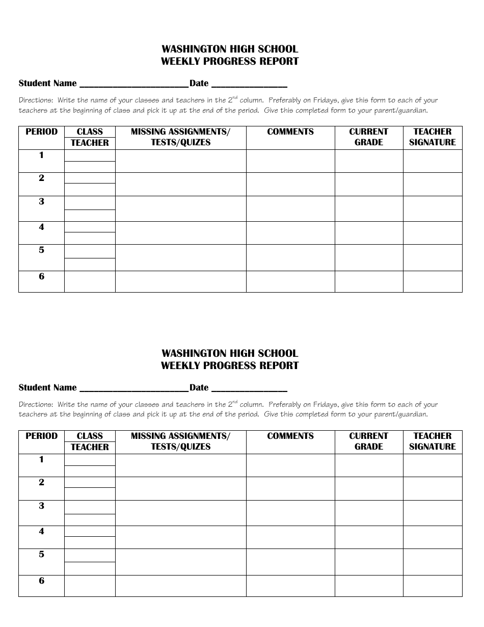 Washington Weekly Progress Report Template - Washington High Pertaining To Educational Progress Report Template