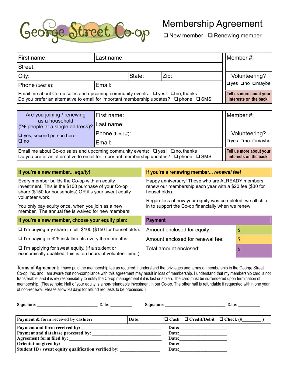 Membership Agreement Template - George Street Co-op - New Jersey, Page 1