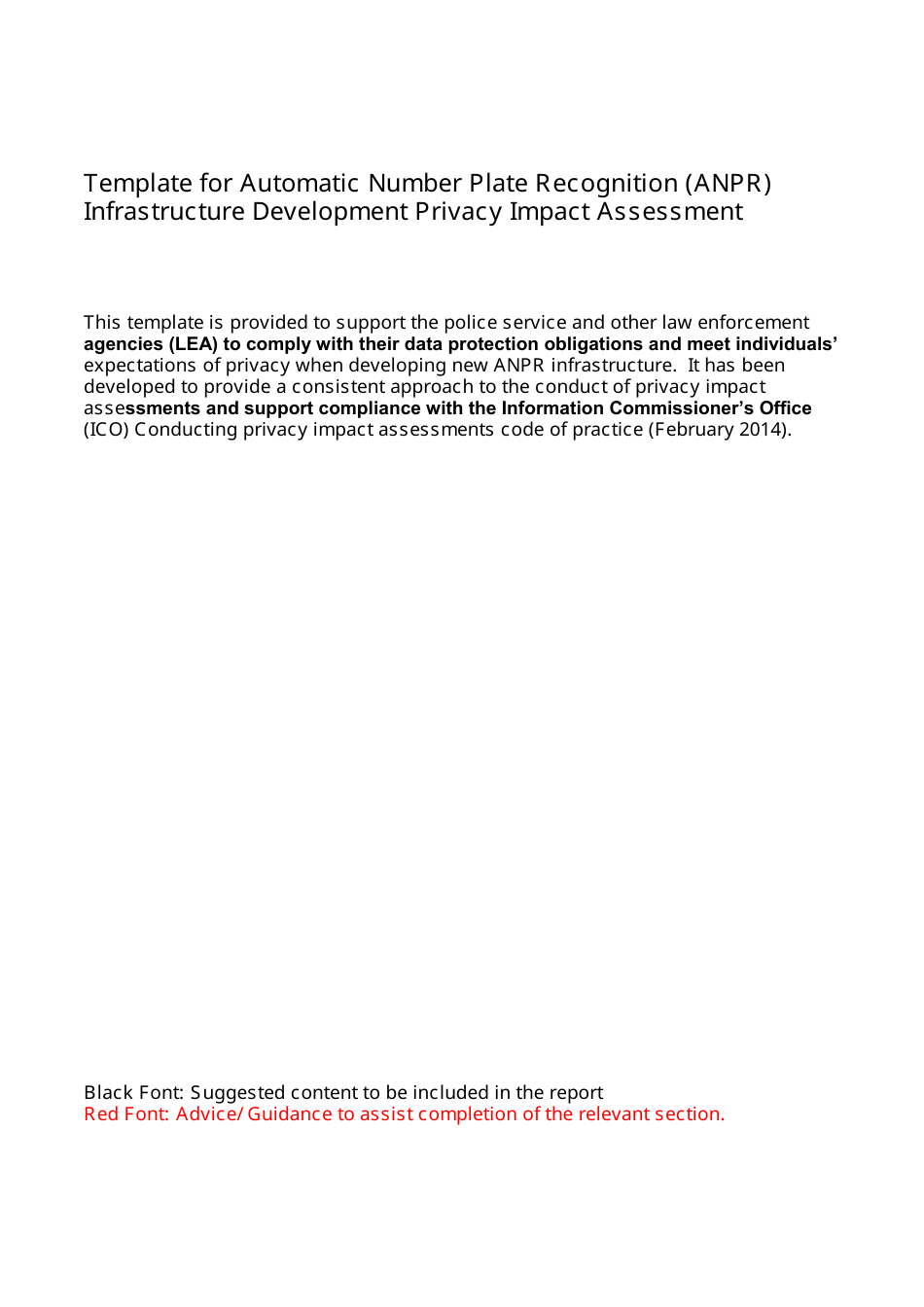 Template for Automatic Number Plate Recognition (Anpr) Infrastructure Development Privacy Impact Assessment - United Kingdom, Page 1