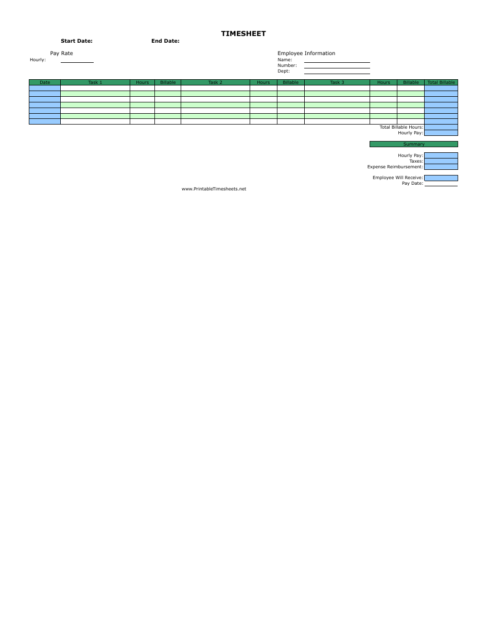 Billable Hours by Task Timesheet Template Small Table Preview