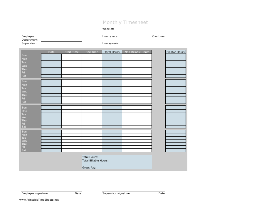 Monthly Billable Hours Timesheet Template Preview