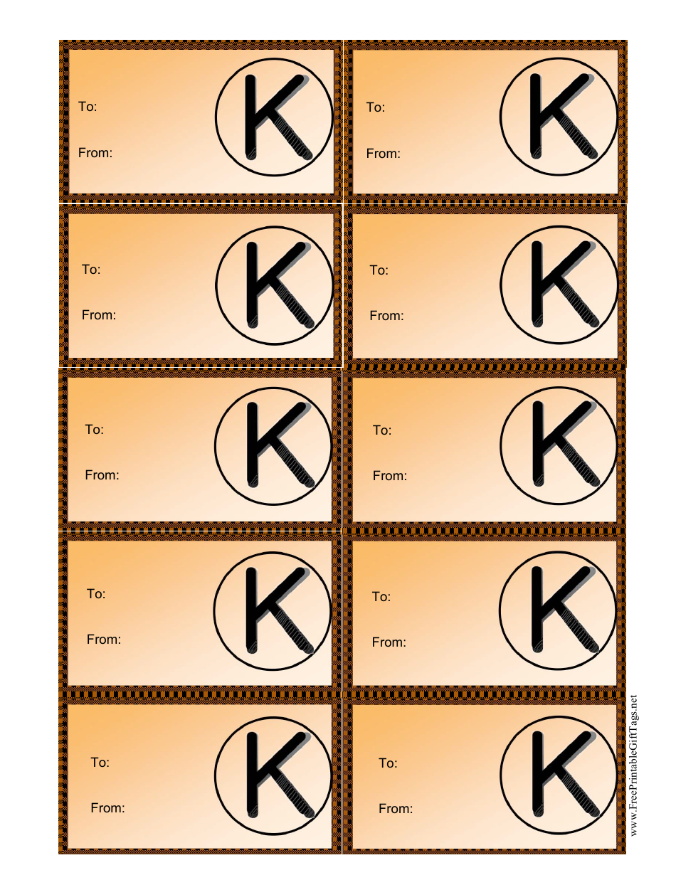 Monogram K gift tag template - Printable design for personalized gift tags with monogram letter K.