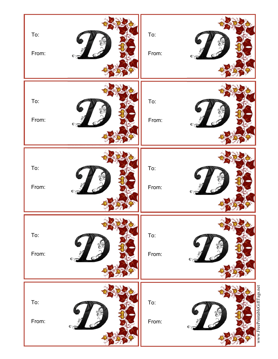 Monogram D Gift Tag Template - Leaves Image Preview