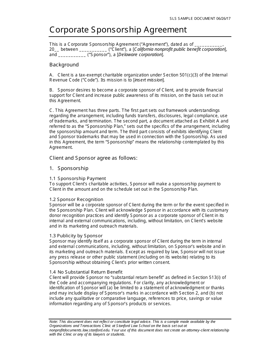 Corporate Sponsorship Agreement Template - Sls - California, Page 1