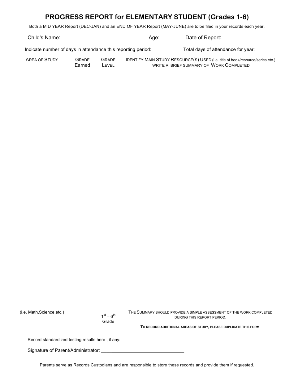 Progress Report for Elementary Student Template - Grades 1-6, Page 1