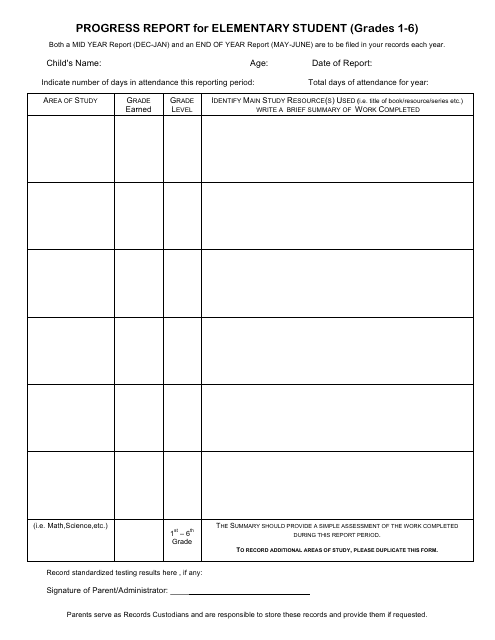 Progress Report for Elementary Student Template - Grades 1-6 Download Pdf