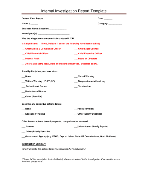 Internal Investigation Report Template