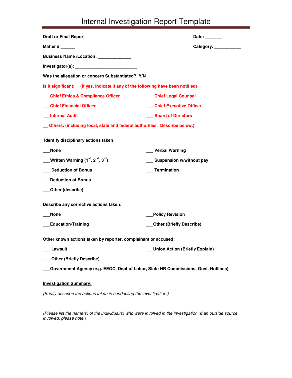 Internal Investigation Report Template, Page 1