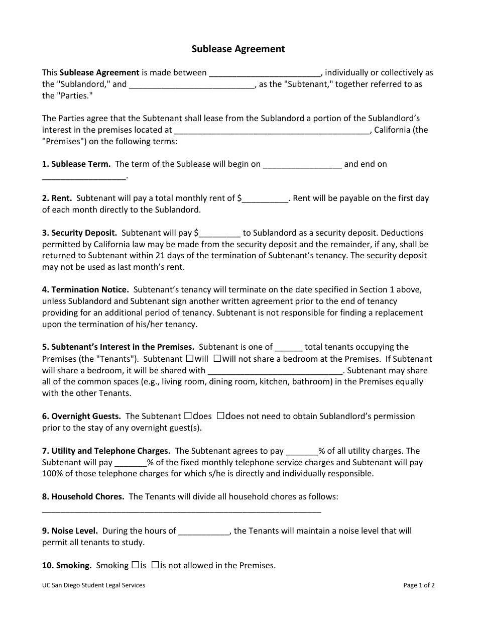 Sublease Agreement Template - Uc San Diego Student Legal Services - San Diego, California, Page 1