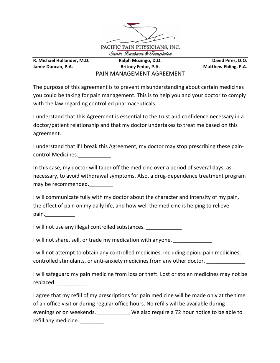 Pain Management Agreement Template - Pacific Pain Physicians, Page 1
