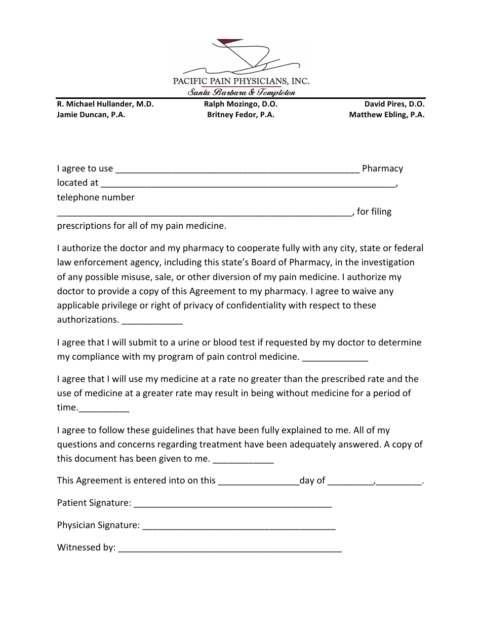Pain Management Agreement Template - Pacific Pain Physicians - Fill Out