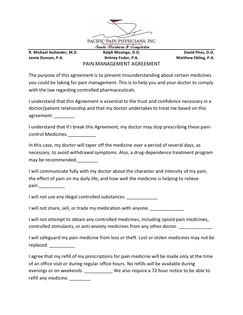 Pain Management Agreement Template - Pacific Pain Physicians