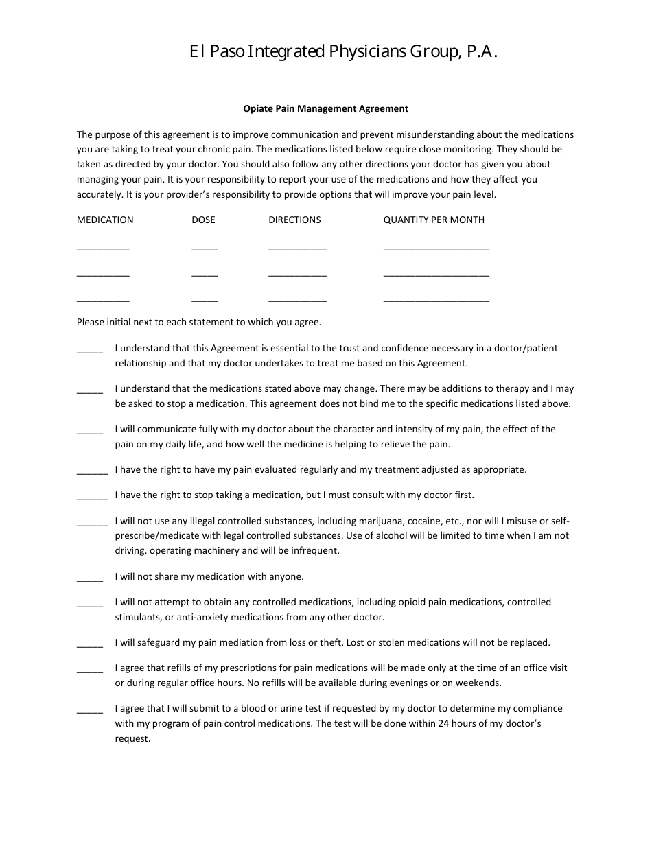 Opiate Pain Management Agreement Template - El Paso Integrated Pertaining To physician professional services agreement template