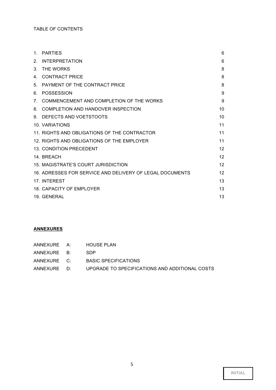 Building Agreement Template - Tables, Page 5