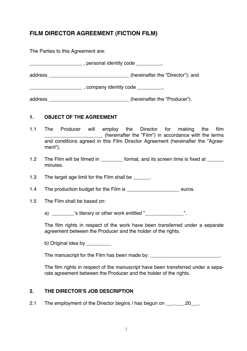 Film Director Agreement (Fiction Film) Template, Page 1