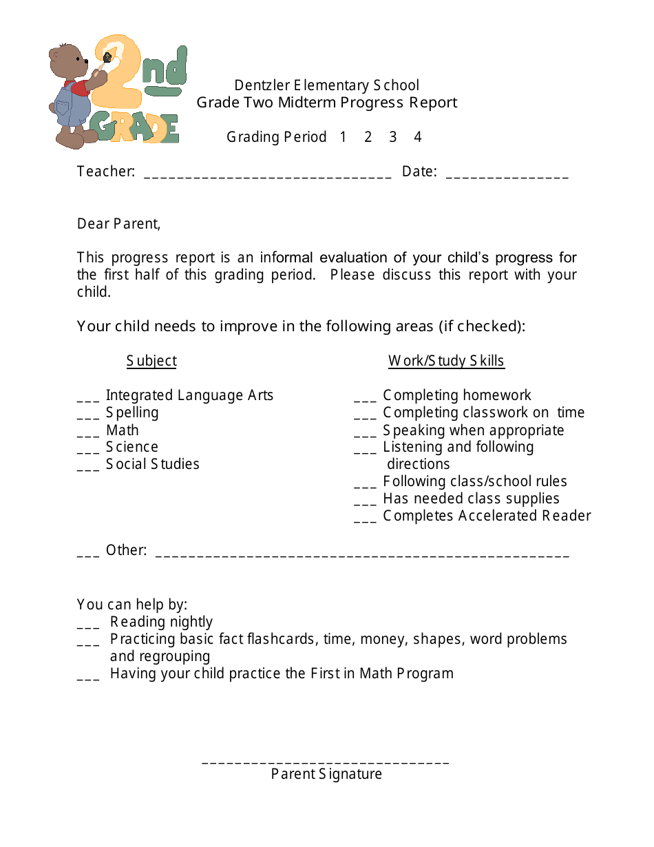 Grade Two Midterm Progress Report Template - Dentzler Elementary School, Page 1