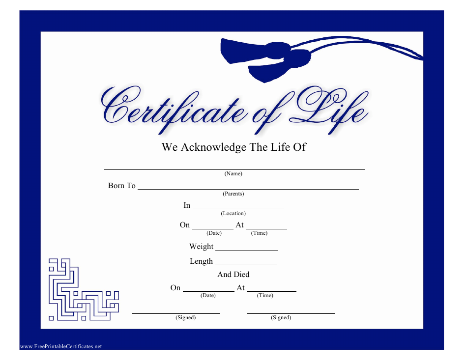 Certificate Of Life Template Blue Download Printable PDF Templateroller