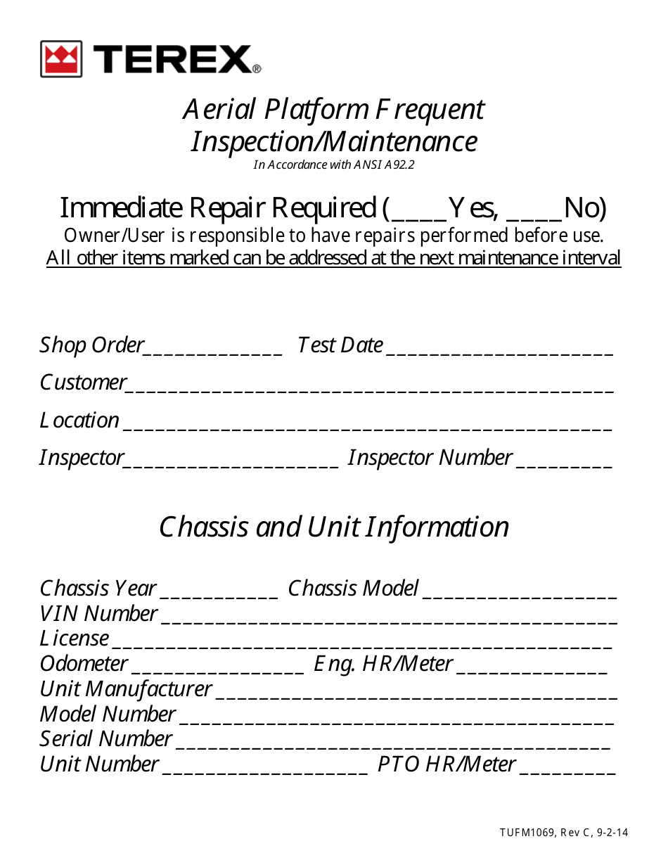 Aerial Platform Frequent Inspection / Maintenance Form - Terex, Page 1