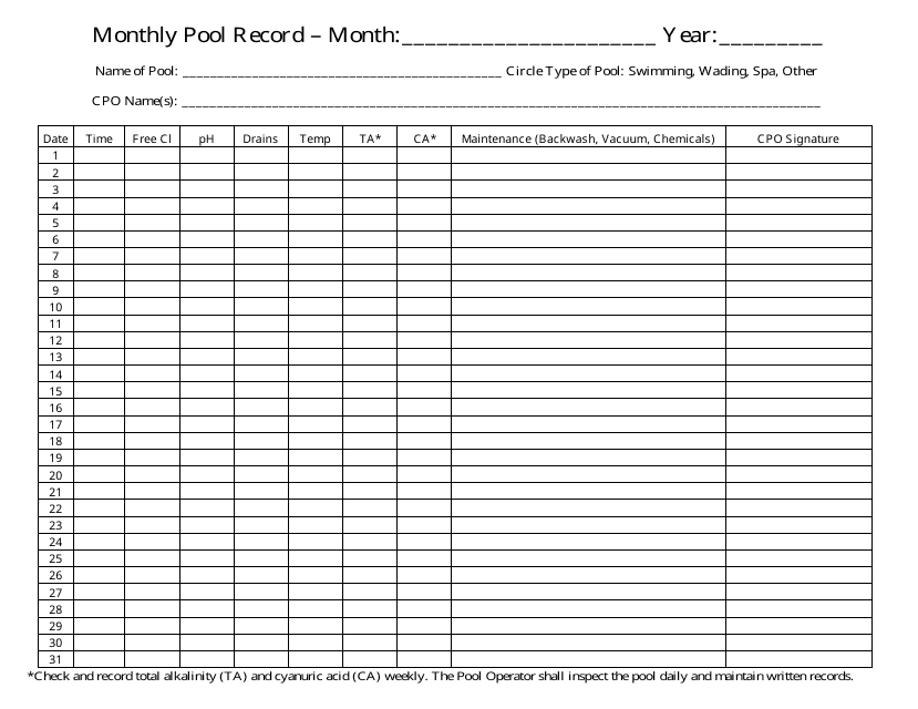 Monthly Pool Record Chart Template Download Printable PDF Templateroller