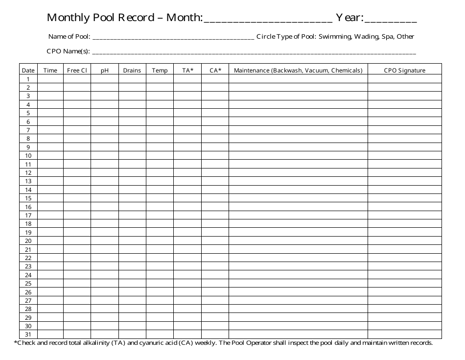 Printable Hot Tub Maintenance Schedule Excel Template