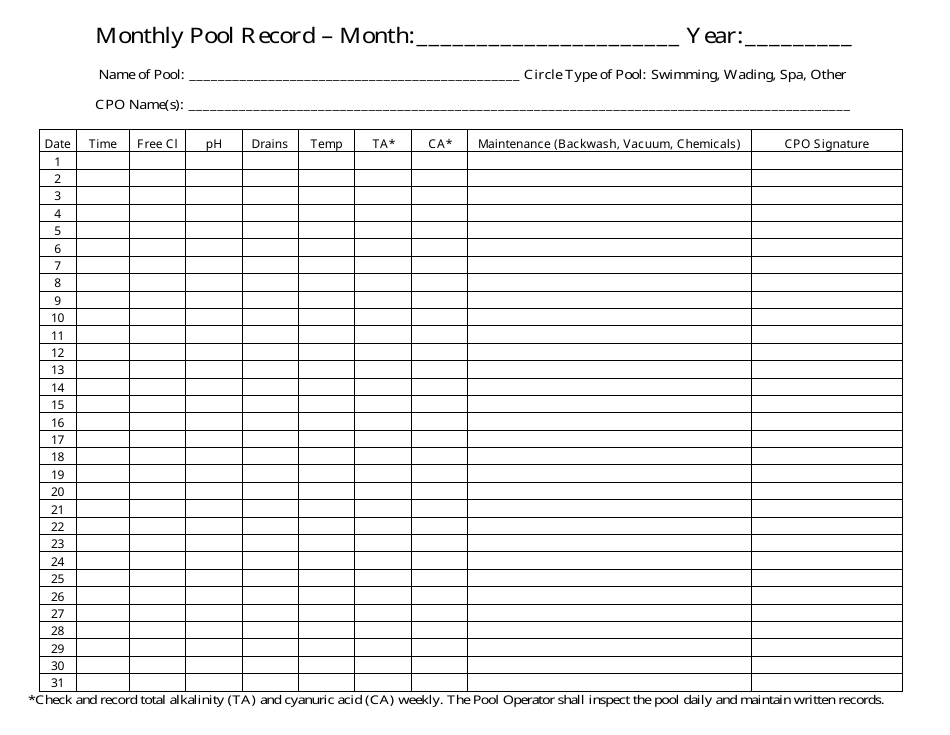 Monthly Pool Record Chart Template - Track and Analyze your Pool Water Fitness Progress
