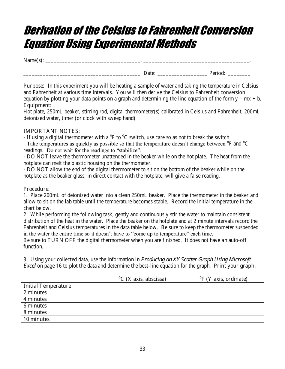Derivation of the Celsius to Fahrenheit Conversion Equation Using Experimental Methods Pre-assessment Worksheet, Page 3