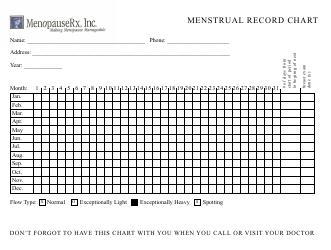 Document preview: Menstrual Record Chart Template - Menopauserx, Inc.