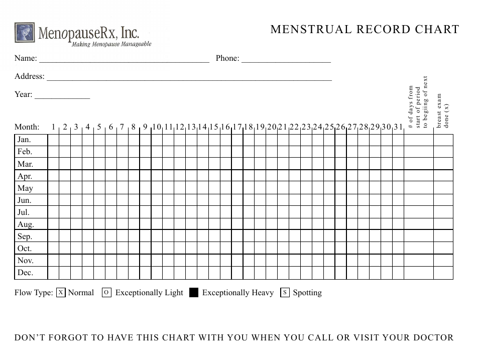 Menstrual Record Chart Template Menopauserx Inc Download Printable Pdf Templateroller