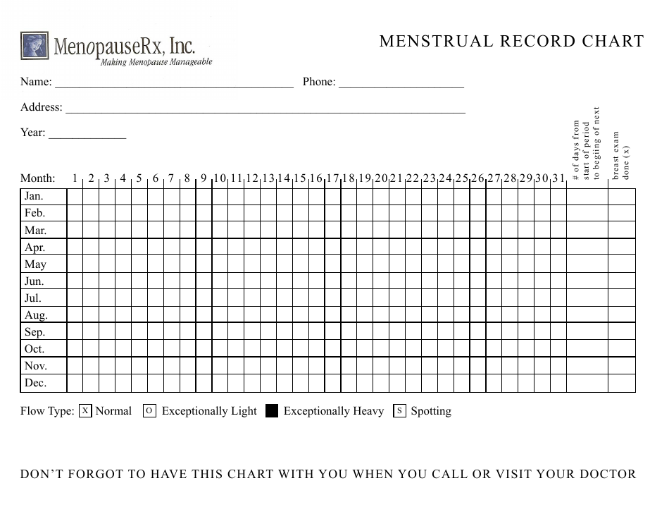 Menstrual Record Chart Template Menopauserx Inc Download Printable PDF Templateroller