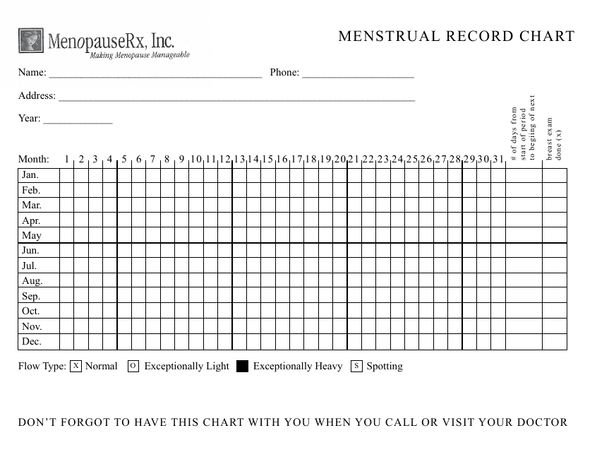 Menstrual Record Chart Template Menopauserx Inc Download Printable PDF Templateroller