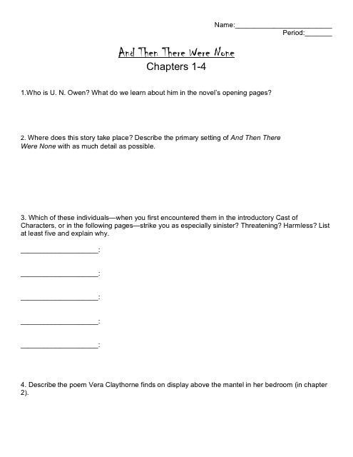 And Then There Were None Literature Worksheet Download Pdf