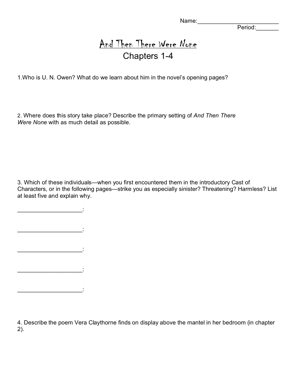And Then There Were None Literature Worksheet, Page 1