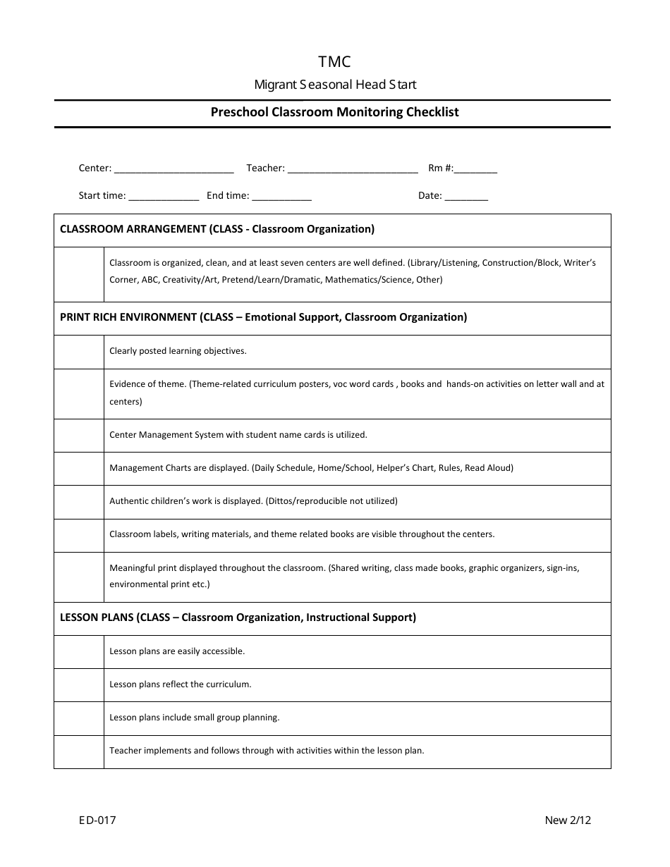 Preschool Classroom Monitoring Checklist - TMC