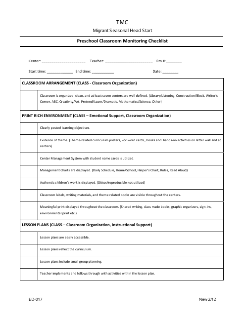 Preschool Classroom Monitoring Checklist Template - Tmc