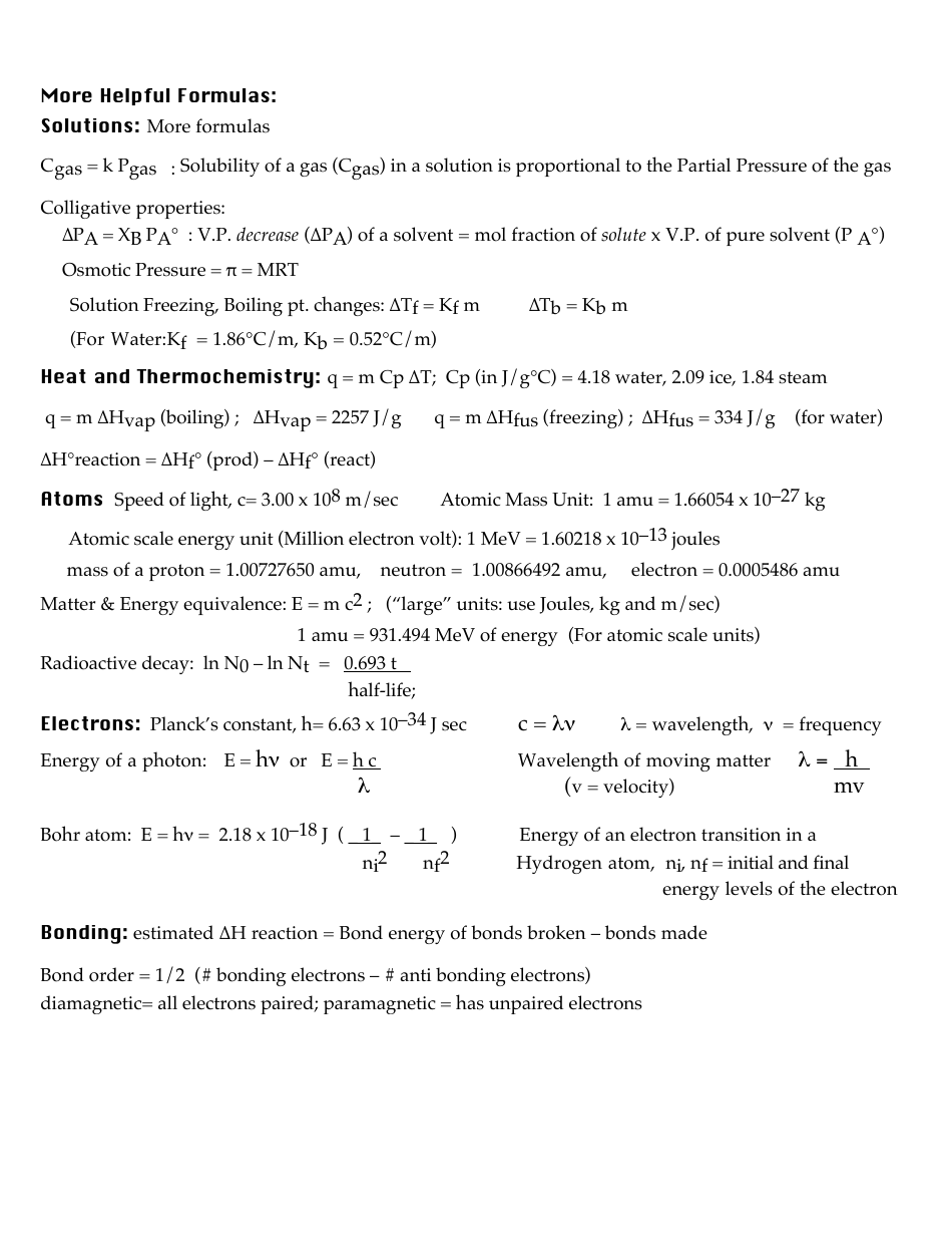 Advanced Chemistry Formulas Cheat Sheet Download Printable PDF