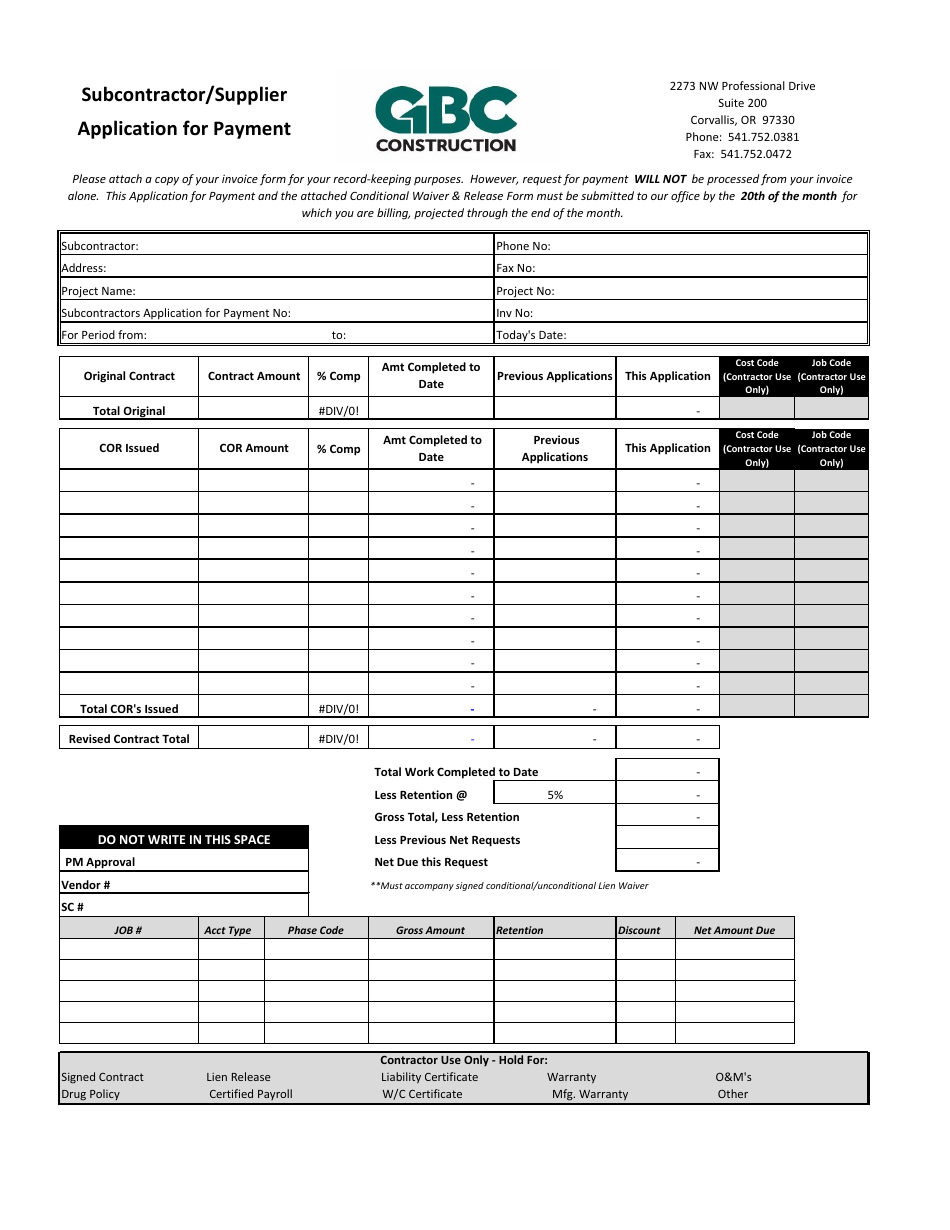 Subcontractor/Supplier Application for Payment Template - Gbc Construction - Oregon