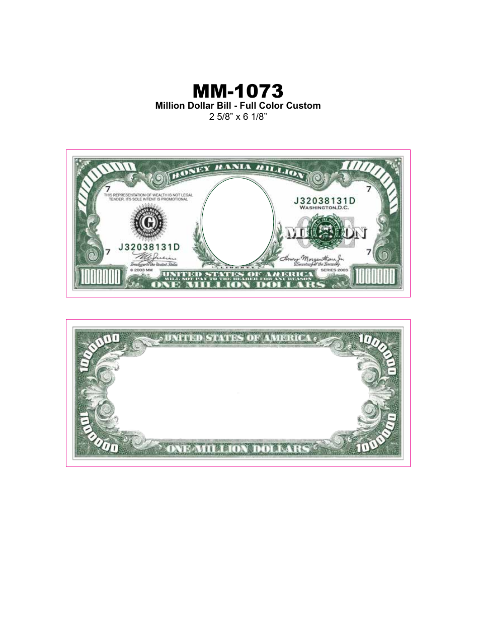 Full Color Million Dollar Bill Template Download Printable Pdf