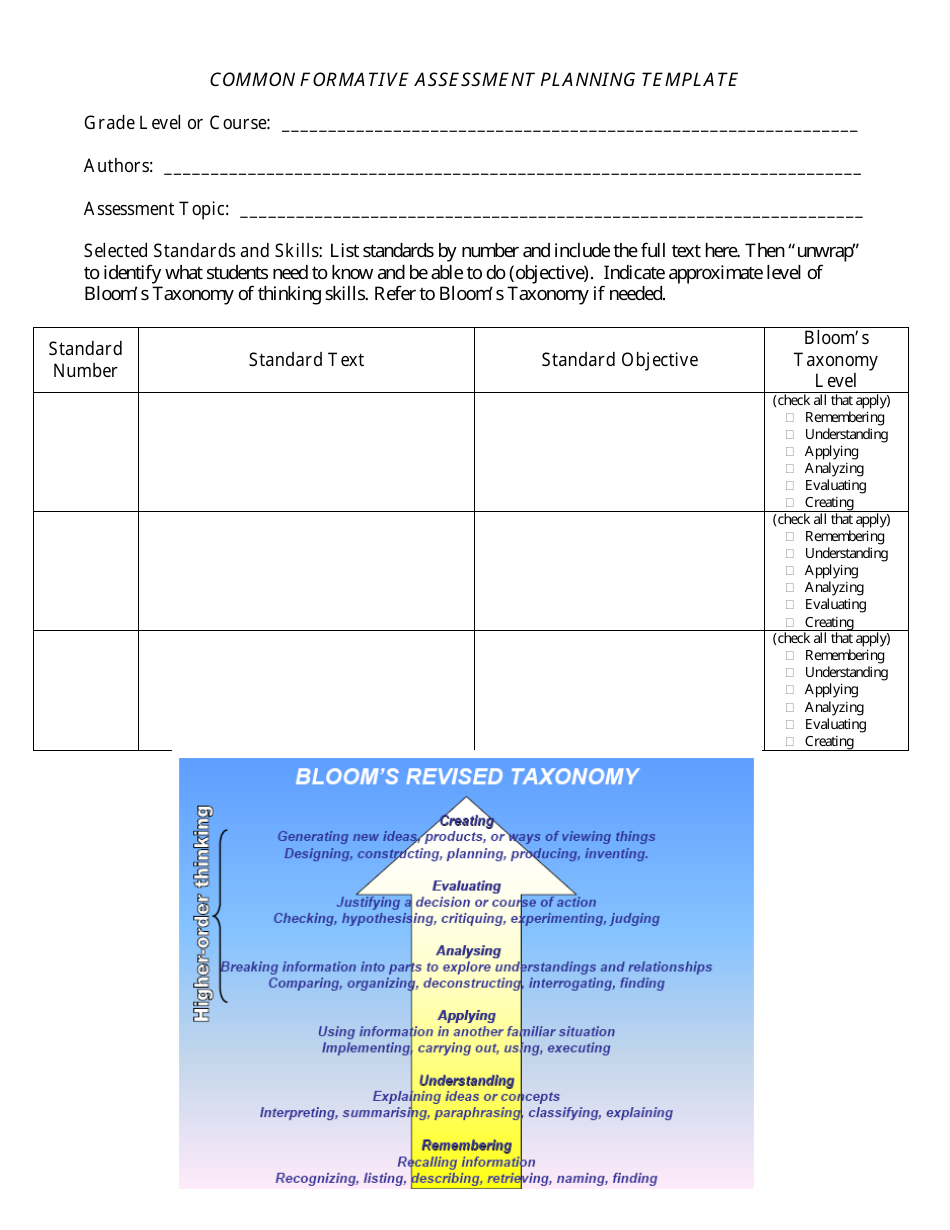 Common Formative Assessment Planning Template Preview