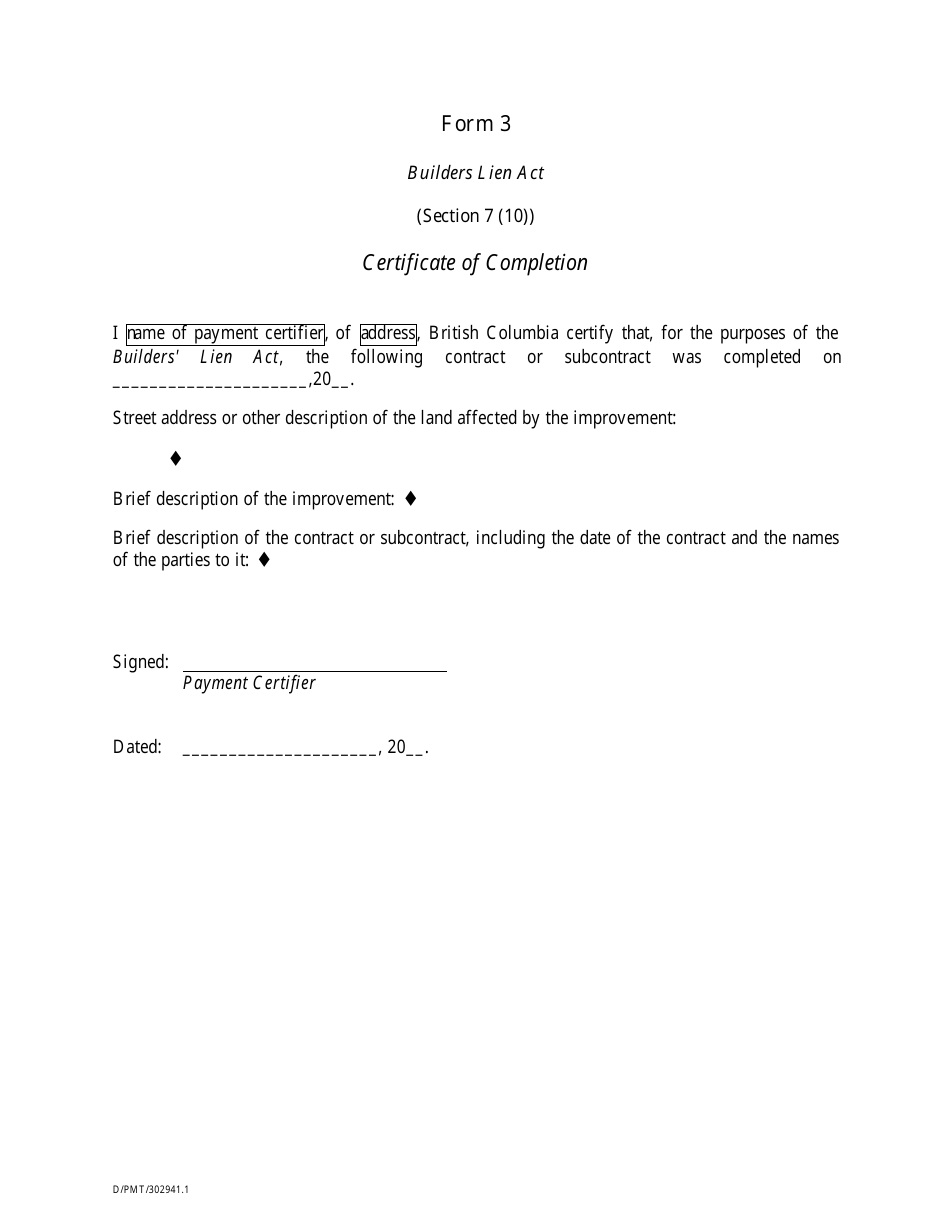 Form 3 Certificate of Completion - British Columbia, Canada, Page 1
