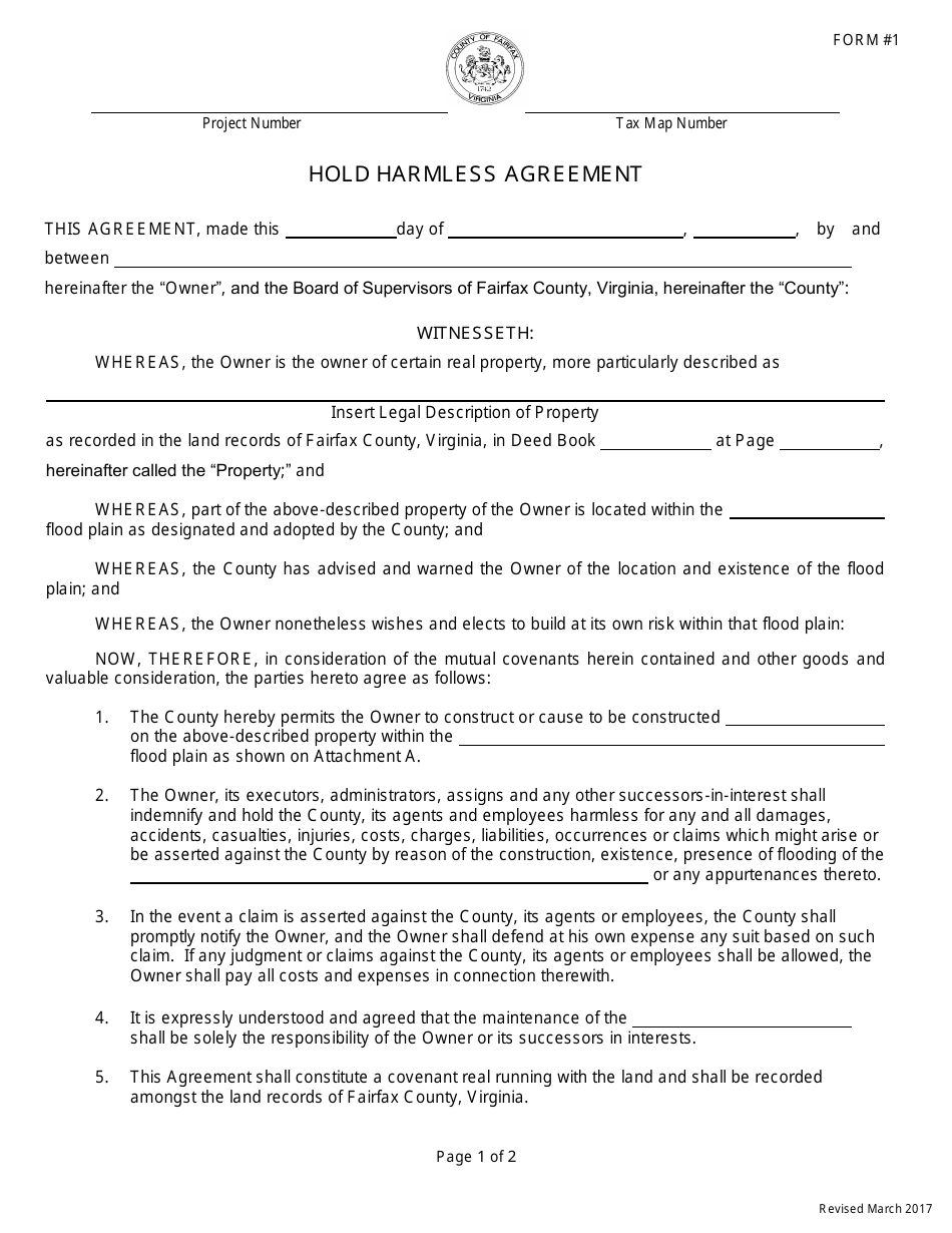 Form 1 Hold Harmless Agreement - Fairfax County, Virginia, Page 1